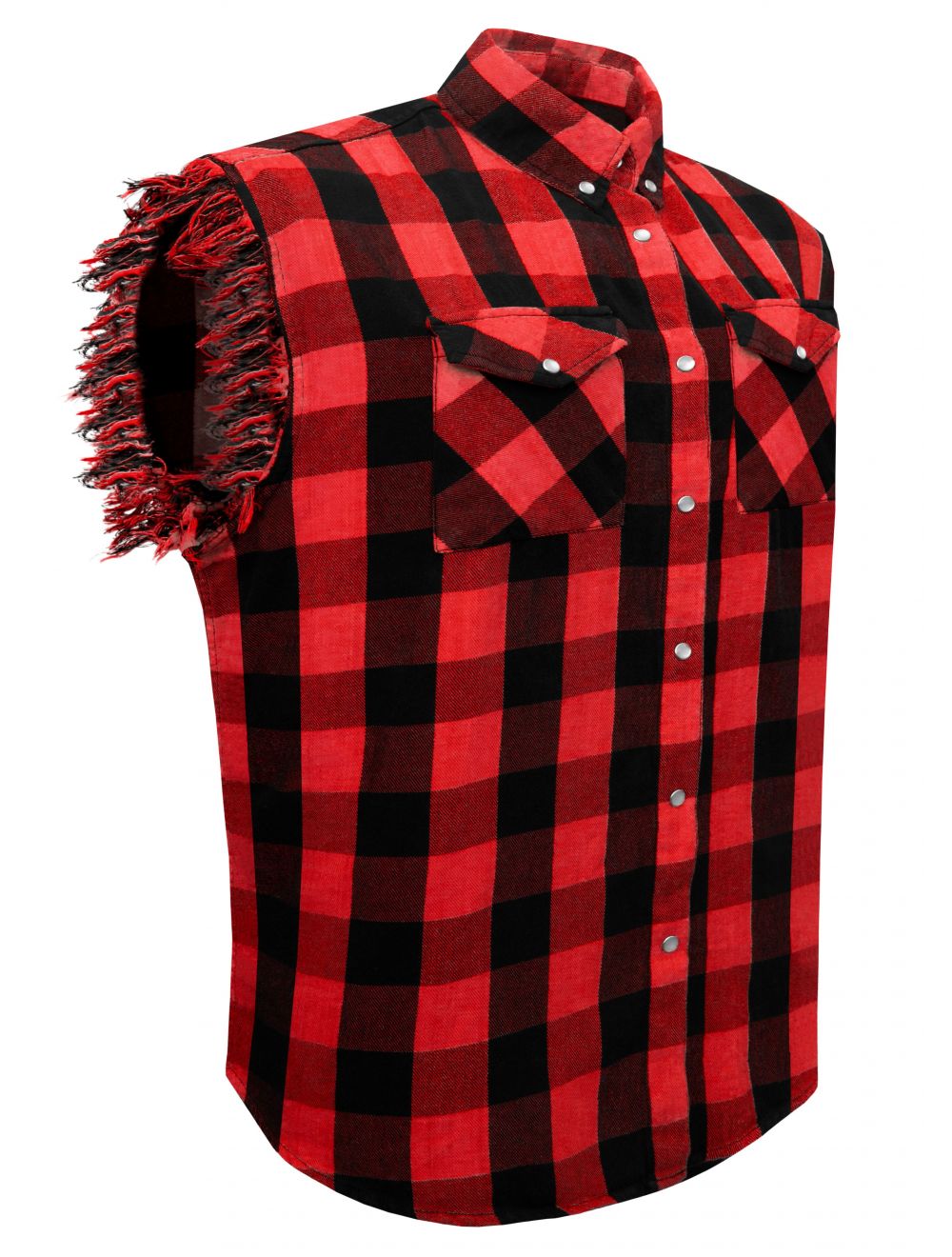 Dream Apparel Men's Sleeveless Flannel Shirt Black & Red Sleek Design Cotton Shirt Frayed Sleeves